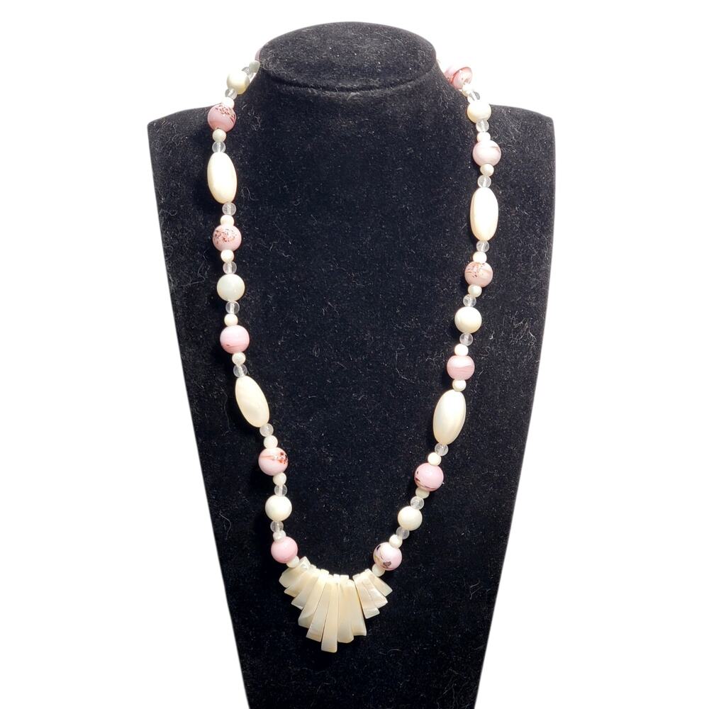 Vtg White Mother of Pearl and Purple Glass Beaded Necklace 18" Barrel Closure
